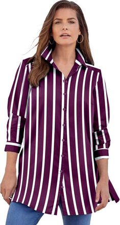 Roaman's Kate Long-Sleeve Crisp Cotton-Blend Button-Front Tunic in Dark Berry Stripe at Nordstrom, Size 32