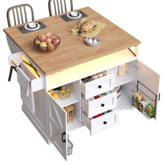 STILVORA Carro De Cocina Con Encimera Plegable, Estantes En Puertas, Led Y Ruedas, En Mdf, Blanco