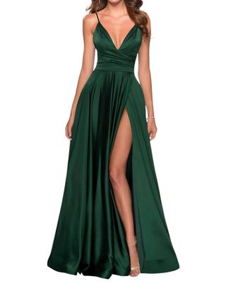 La Femme V-Neck Long A-Line Prom Dress In Emerald