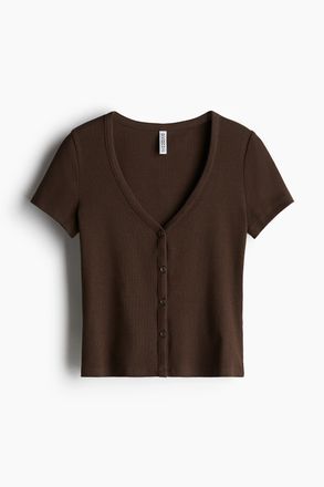 H&M Geripptes T-Shirt mit Knopfleiste - Brown