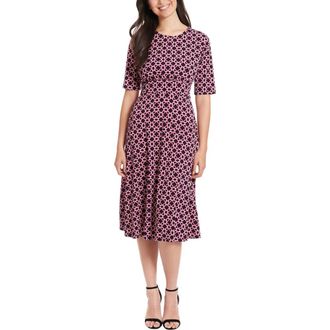 London Times Geo Print Elbow Sleeve Fit & Flare Dress in Black/Pink at Nordstrom Rack, Size 10