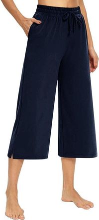 SHEKINI Women Trousers Elasticated High Waist Wide Leg 7 Pants with Pockets Ladies Elegant Loose Casual Lounge Palazzo Pants, Navy Blue, XXL
