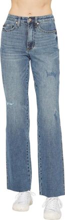 Judy Blue Womens High Waist Tummy Control Raw Hem Straight Jeans, Medium Blue, 13