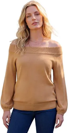 Roaman's Plus Size Off The Shoulder Blouson Sleeve Sweater in Soft Camel at Nordstrom, Size 16