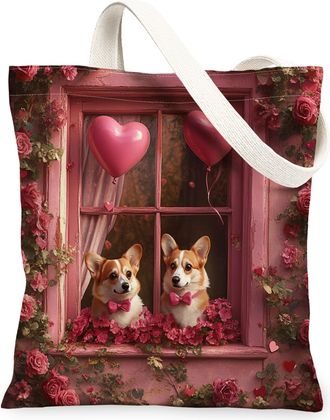 Generic Valentines Day French Bulldog Dog Canvas Tote Bag for Shopping 13x15, Window Couple Puppy Reusable Grocery Print Bag for Women, Pet Beach Aesthetic Pa