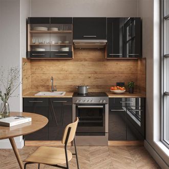 Vicco Mueble De Cocina Fame-line, Antracita Brillo Intenso/roble Dorado El&eacute;ctrico, 200 Cm Sin Encimera