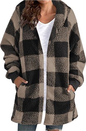 Generic Womens Teddy Hoodies Fashion Plaid Sherpa Fleece Coats Ladies Soft Winter Warm Fuzzy Hoodie Casual Long Sleeve Loose Fit Jackets with Pockets Outwear 