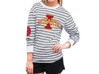 Gameday Couture Iowa State University Striped Elbow Patch Tee In White/grey
