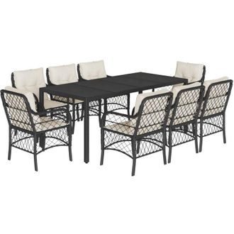 vidaXL Set De Comedor De Jard&iacute;n 9 Pzas Y Cojines Rat&aacute;n Sint&eacute;tico Negro Vidaxl