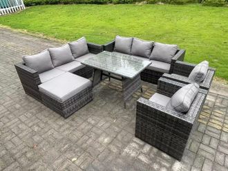 Fimous 8 Seater Rattan Outdoor Furniture Sofa Garden Dining Set with Patio Dining Table 2 Armchairs Big Footstools in Dark Grey