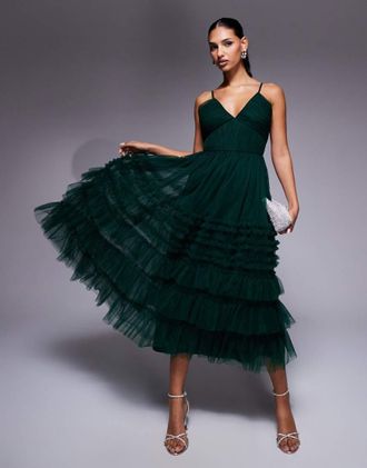 Lace & Beads tiered ruffle midaxi dress in forest green