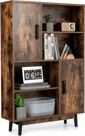 Costway Costway - Librer&iacute;a De Madera, Estanter&iacute;a Con 4 Niveles Y 2 Puertas, Almohadillas Anti Rasgu&ntilde;os, Dispositivo Antivuelco (caf&eacute;)