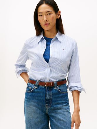 Tommy Hilfiger Shirtbluse TOMMY HILFIGER ESS POPLIN REGULAR SHIRT, Damen, Gr. 34, hugh stp, blau, Web, Obermaterial: 97% Baumwolle, 3% Elasthan, unifarben, regular f