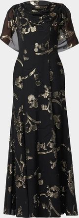 Shoshanna Annalynn Metallic Floral Chiffon Cape Gown