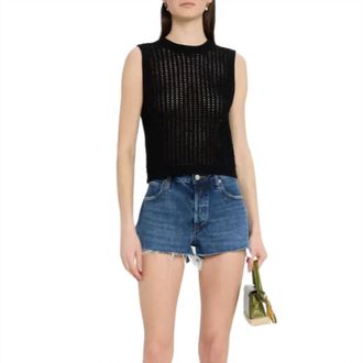 Frame Denim Crochet Crew Neck Tank Top In Black