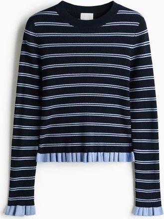 H&M Ruffle-trimmed Rib-knit Top in Navy Blue/striped at Nordstrom, Size X-Small