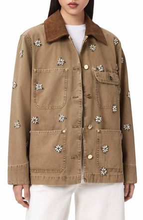 AllSaints Bex Embroidered Detail Denim Jacket in Vintage Sand Brown at Nordstrom, Size X-Small