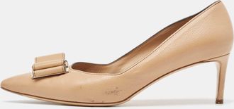 Ferragamo Beige Leather Double Bow Pumps