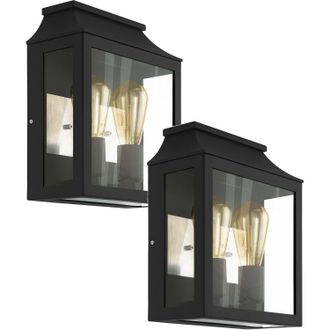 Loops 2 PACK IP44 Outdoor Wall Light Black Aluminium Glass Box 60W E27 Porch Lamp