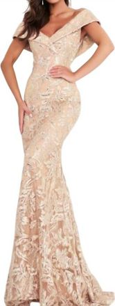 Jovani Brocade Off The Shoulder Gown In Gold