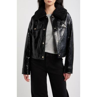 Michael Kors Faux Patent Leather & Faux Shearling Jacket in Black at Nordstrom, Size X-Small