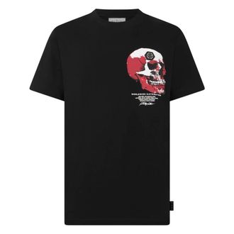 Philipp Plein Tops, Heren, Zwart, S, Katoen, Roundneck T-Shirt Puffy Red Skull