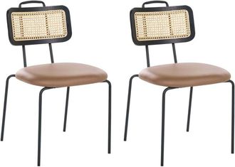 Beliani Set of 2 Dining Chairs Brown Faux Leather Seat PE Rattan Back Iron Legs Armless Protective Caps Modern Boho Design ADELANTO