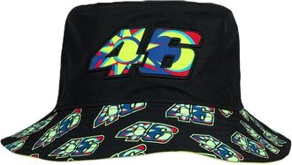 New Era VR46, Valentino Rossi, Official Bucket Hat, Black with Neon Yellow Logo Pattern, Stretch Fit (UK, Alpha, M, Black)