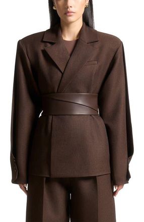 Mani&egrave;re De Voir Marie Twist Sleeve Tailored Blazer with Belt in Brown at Nordstrom, Size 12