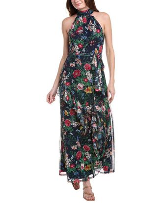 Anne Klein Printed Mesh Asymmetrical Ruffle Hem Maxi Dress
