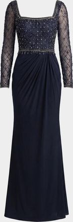 Mac Duggal Beaded Square-Neck Jersey Column Gown