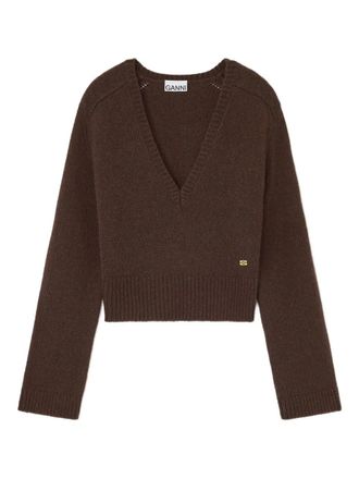Ganni wool yak mix V-neck knit - Brown