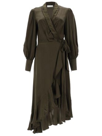 Zimmermann Neutrals Wrap Design Puffed Sleeves Silk Midi Dress