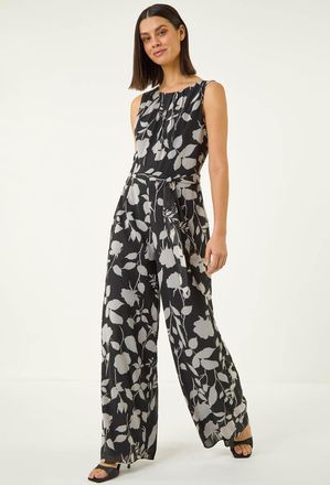 Roman Floral Chiffon Belted Jumpsuit