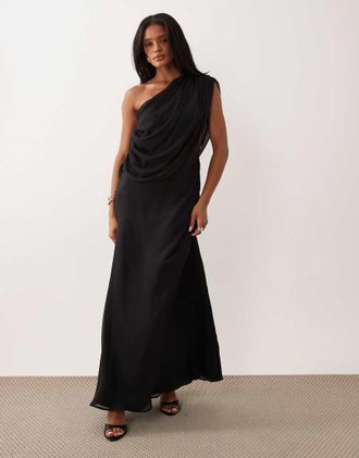 Asos Vestito lungo in chiffon nero con spalle drappeggiate e scollo ad anello sul retro-Blu navy