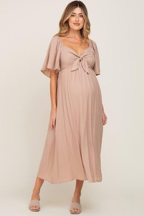 Pinkblush Front Tie Ruffle Sleeve Midi Dress in Mocha at Nordstrom, Size X-Large