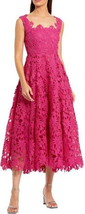 Mac Duggal Sleeveless Square Neck Lace A-Line Midi Dress in Hot Pink at Nordstrom, Size 14