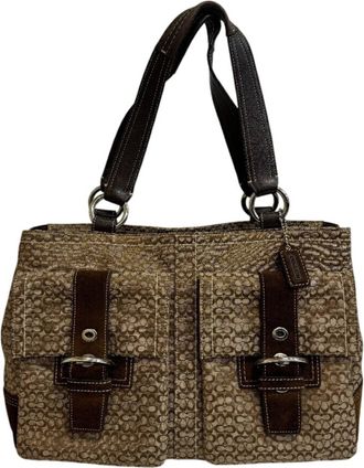 Coach Beige Brown Canvas Signature Line Suede Shoulder Bag Tote Bag (Pre-Owned)