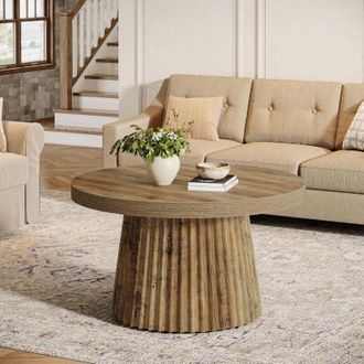 Tribesigns Tribesigns Round Coffee Table, 80cm Modern Drum Centre Table with Fluted Base & Wood Grain Finish, Minimalist Accent Cocktail Table for Living Room