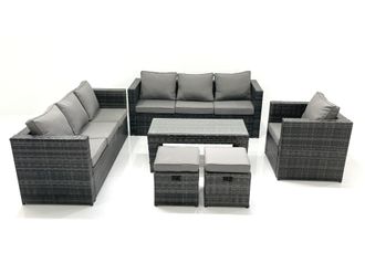 Fimous Rattan Garden Furniture Set Outdoor 9 Seater Patio Conversation Sets with Glass Top Coffee Table Stool in Dark Grey