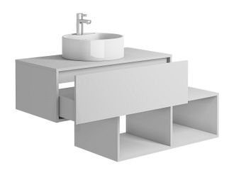 Vente-Unique Mueble de ba&ntilde;o flotante blanco con lavabo redondo - 1 caj&oacute;n y 2 estantes - 94 cm - TEANA II