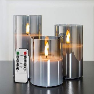 OEM Velas Led Sin Llama En Cristal Gris Plateado - Paquete De 3 - Mando A Distancia Incluido - Alturas De 4, 5 Y 6 Pulgadas -crezuo