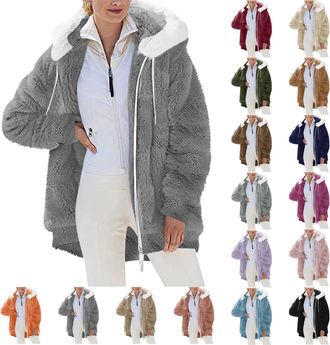 Generic Womens Coats Winter Fleece Jackets Full Zipper Hoodies Winter Warm Soft Teddy Hooded Fluffy Ear Coats Parka Jacket Overcoat Cardigan with Pockets Casu