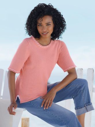 Heine Kurzarmpullover HEINE Halbarm-Pullover, Damen, Gr. 36, rosenquarz, wei&szlig;, 100% Baumwolle, gemustert, mehrfarbig, unifarben, Pullover Kurzarmpullover