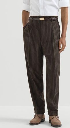 Brunello Cucinelli Virgin wool and cashmere chalk stripe trousers with double pleats in Brown at Nordstrom, Size 46
