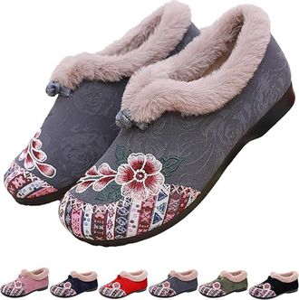 Generic Dritnow Boots, Womens Warm Floral Embroidered Winter Shoes, Lightweight & Non-Slip Everyday Shoes (Gray,8.5)