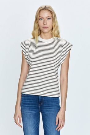 Pistola Denim Marina Wide Shoulder Muscle Tee Top In Chestnut Ivory Stripe