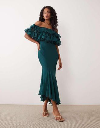 Asos vestito midi con pizzo, scollo Bardot e volant, color teal-Multicolore