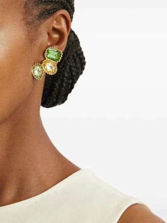 Boucles D'oreilles Pendantes Oscar De La Renta - Fleurs émaillées Blanc Et Cristaux Verts, Plaqué Or