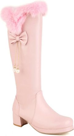 Generic Pink,8.5 UK,Knee High Boots for Women Platform Square Toe Chunky Block Heeled Tall Boots Side Zipper Long Boot with Bow